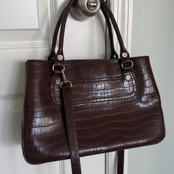 LIZ CLAIRBONE embossed faux croc satchel bag Dark Brown Crocodile Embossed Bag - Picture 16 of 16